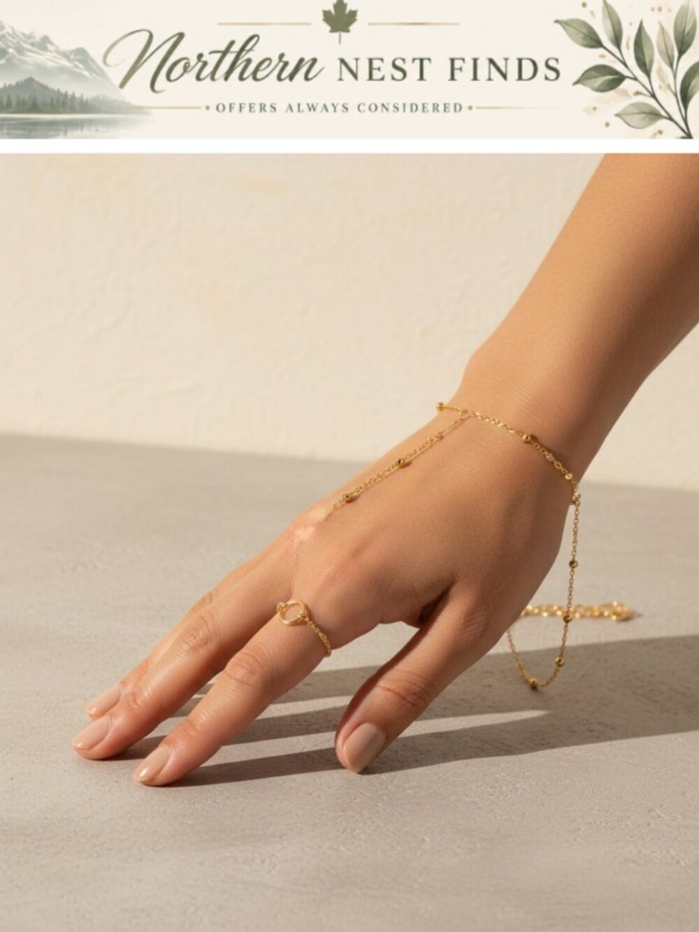 14K Gold Plated Hand Chain Bracelet Adjustable Dainty Paperclip Link Women